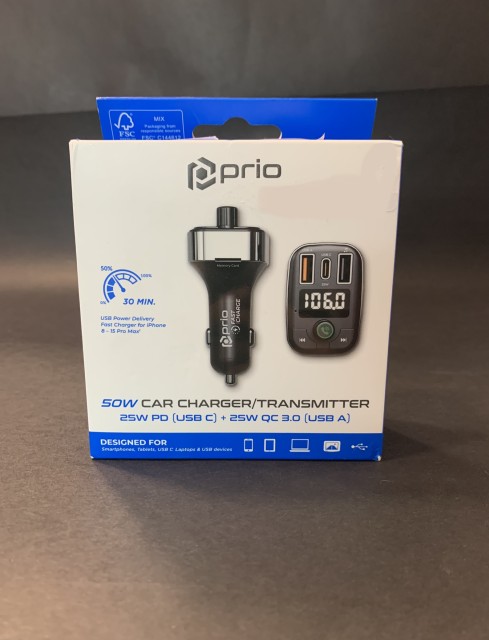 Prio 50W Car Charger / Transmitter – USB‑C PD + USB‑A QC + Bluetooth FM
