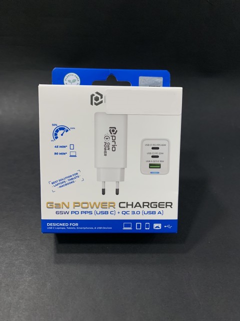 Prio 65W GaN Power Wall Charger с USB-C PD/PPS и USB-A QC3.0